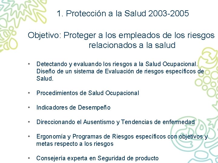 1. Protección a la Salud 2003 -2005 Objetivo: Proteger a los empleados de los