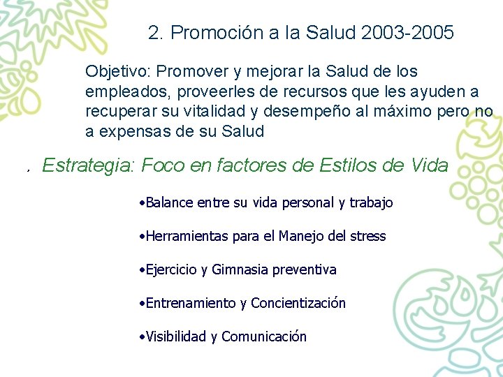 2. Promoción a la Salud 2003 -2005 Objetivo: Promover y mejorar la Salud de