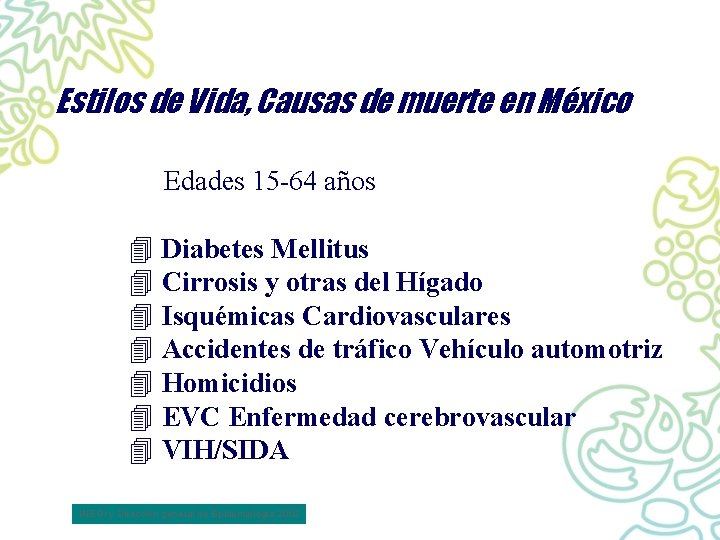 Estilos de Vida, Causas de muerte en México Edades 15 -64 años 4 Diabetes