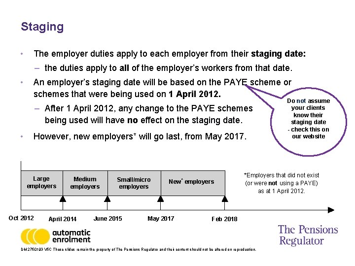 Staging • The employer duties apply to each employer from their staging date: –