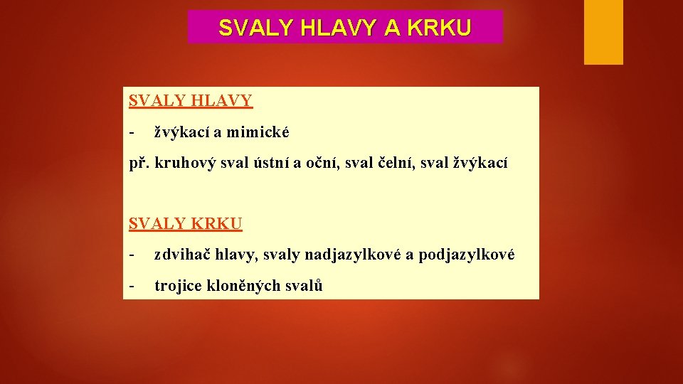 SVALY HLAVY A KRKU SVALY HLAVY - žvýkací a mimické př. kruhový sval ústní