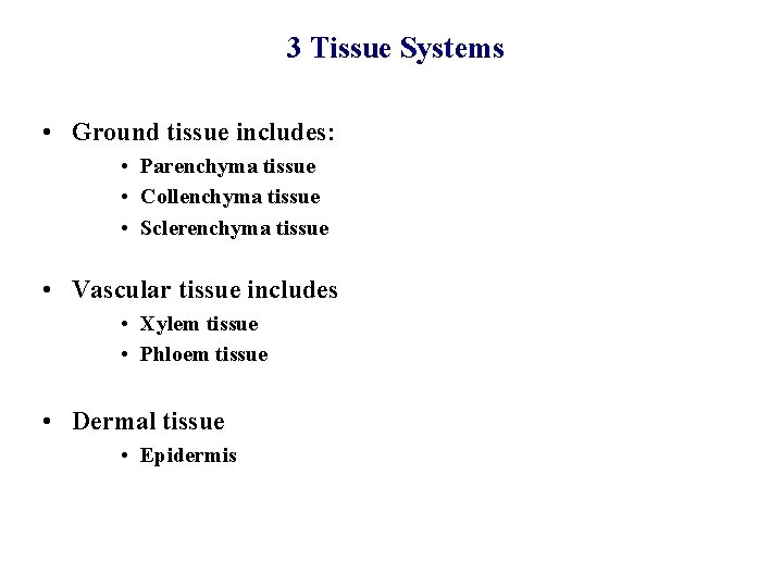 3 Tissue Systems • Ground tissue includes: • Parenchyma tissue • Collenchyma tissue •