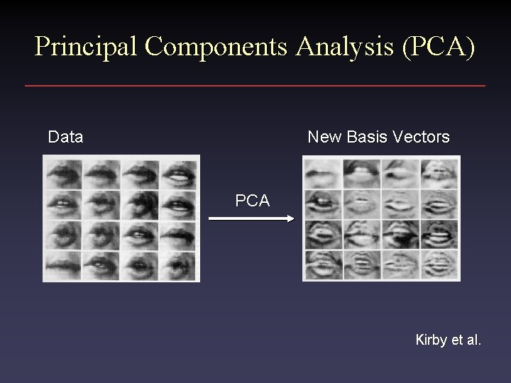 Principal Components Analysis (PCA) Data New Basis Vectors PCA Kirby et al. 