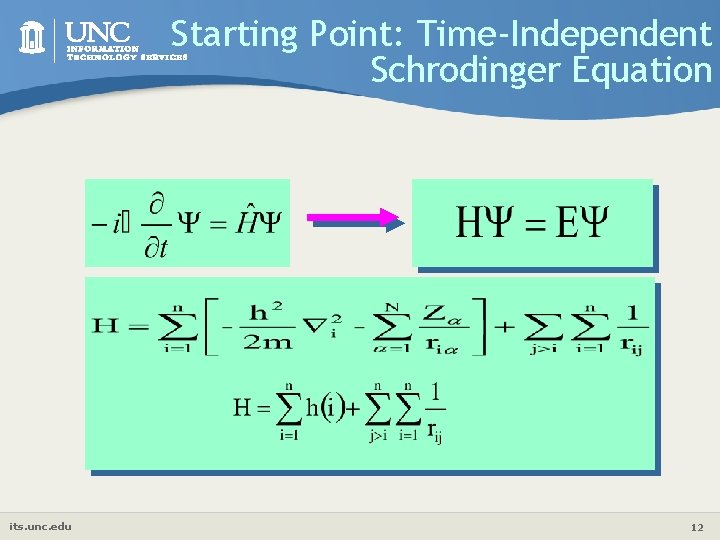 Starting Point: Time-Independent Schrodinger Equation its. unc. edu 12 