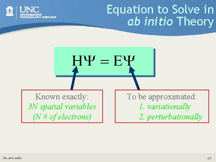 Equation to Solve in ab initio Theory Known exactly: 3 N spatial variables (N