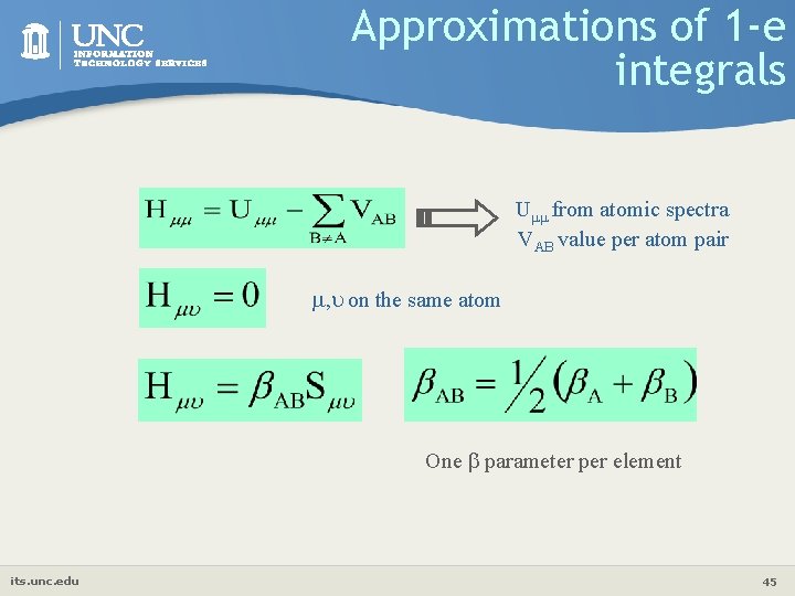 Approximations of 1 -e integrals U from atomic spectra VAB value per atom pair