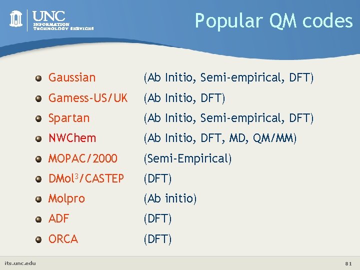 Popular QM codes its. unc. edu Gaussian (Ab Initio, Semi-empirical, DFT) Gamess-US/UK (Ab Initio,