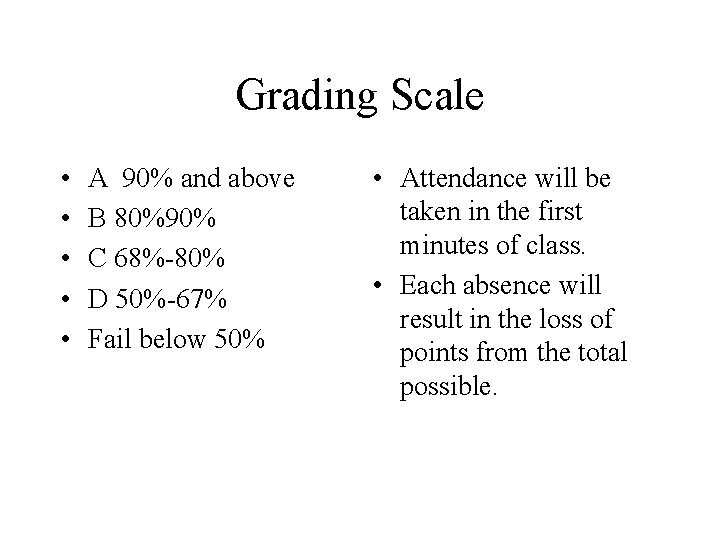 Grading Scale • • • A 90% and above B 80%90% C 68%-80% D