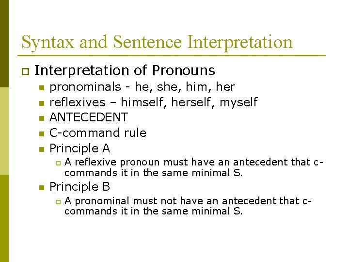 Syntax and Sentence Interpretation p Interpretation of Pronouns n n n pronominals - he,