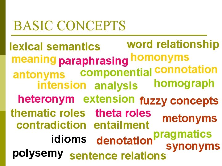 BASIC CONCEPTS word relationship lexical semantics meaning paraphrasing homonyms connotation componential antonyms intension analysis