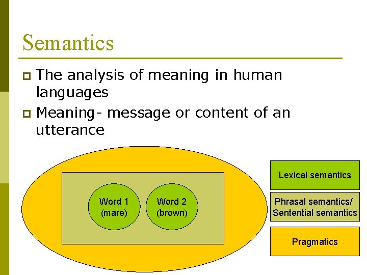 Semantics The analysis of meaning in human languages p Meaning- message or content of