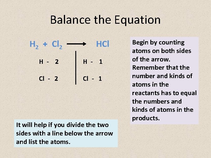 Balance the Equation H 2 + Cl 2 HCl H - 2 H -