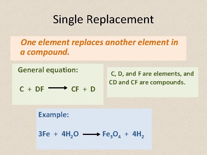 Single Replacement One element replaces another element in a compound. General equation: C +