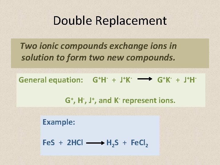 Double Replacement Two ionic compounds exchange ions in solution to form two new compounds.