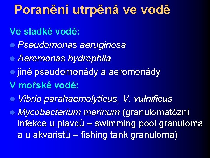 Poranění utrpěná ve vodě Ve sladké vodě: l Pseudomonas aeruginosa l Aeromonas hydrophila l