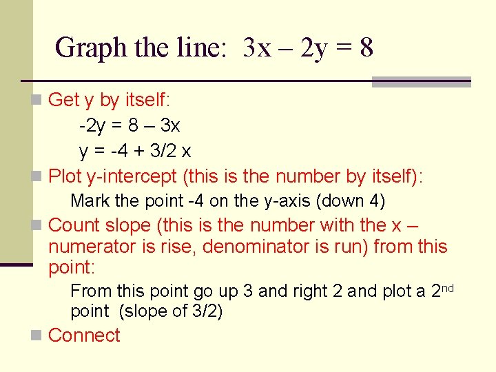 Graph the line: 3 x – 2 y = 8 n Get y by