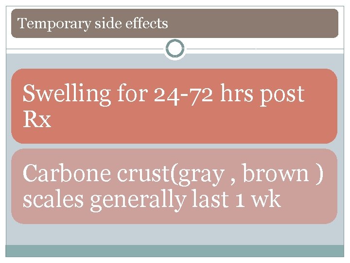 Temporary side effects Swelling for 24 -72 hrs post Rx Carbone crust(gray , brown