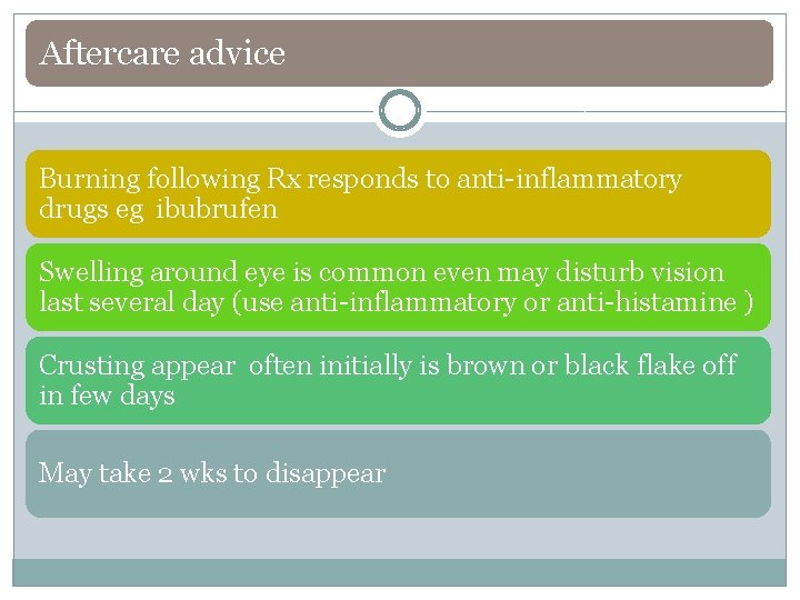 Aftercare advice Burning following Rx responds to anti-inflammatory drugs eg ibubrufen Swelling around eye