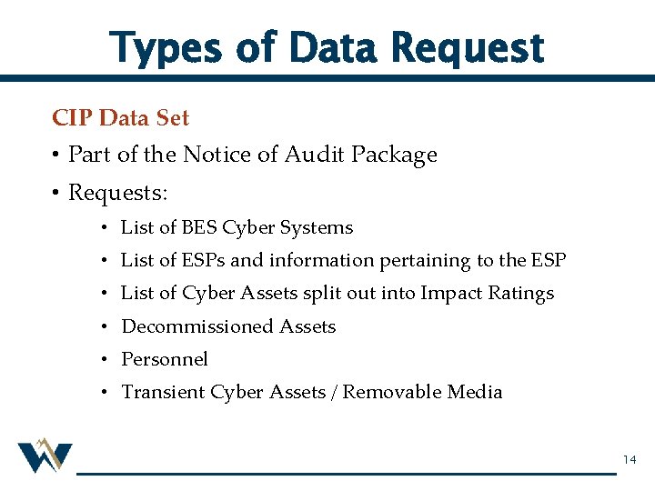Types of Data Request CIP Data Set • Part of the Notice of Audit