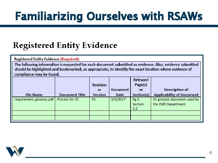 Familiarizing Ourselves with RSAWs Registered Entity Evidence 6 