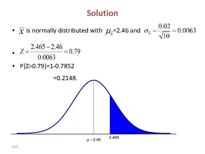 Solution • is normally distributed with. • • P(Z>0. 79)=1 -0. 7852 =0. 2148. Solution • is normally distributed with. • • P(Z>0. 79)=1 -0. 7852 =0. 2148.
