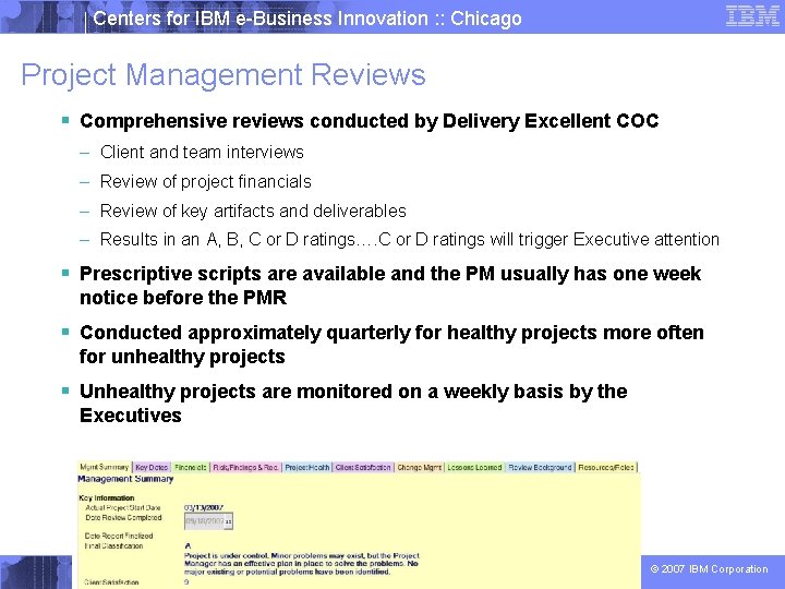 Centers for IBM e-Business Innovation : : Chicago Project Management Reviews § Comprehensive reviews