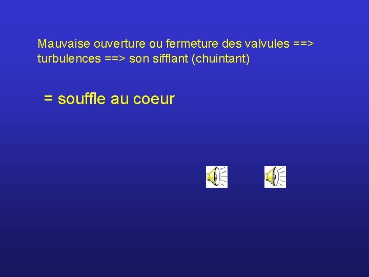 Mauvaise ouverture ou fermeture des valvules ==> turbulences ==> son sifflant (chuintant) = souffle