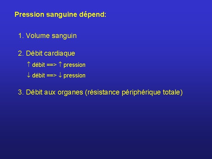 Pression sanguine dépend: 1. Volume sanguin 2. Débit cardiaque débit ==> pression 3. Débit