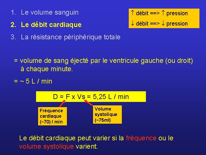 1. Le volume sanguin débit ==> pression 2. Le débit cardiaque débit ==> pression