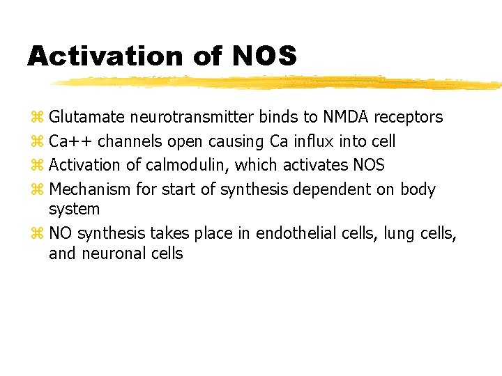 Activation of NOS z Glutamate neurotransmitter binds to NMDA receptors z Ca++ channels open
