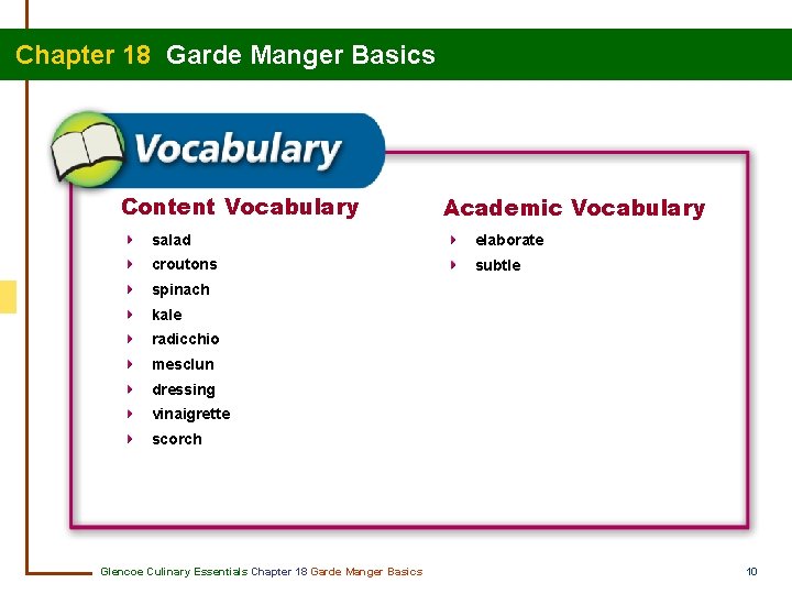 Chapter 18 Garde Manger Basics Content Vocabulary Academic Vocabulary salad elaborate croutons subtle spinach