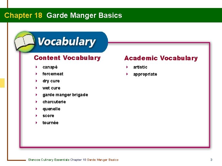 Chapter 18 Garde Manger Basics Content Vocabulary Academic Vocabulary canapé artistic forcemeat appropriate dry