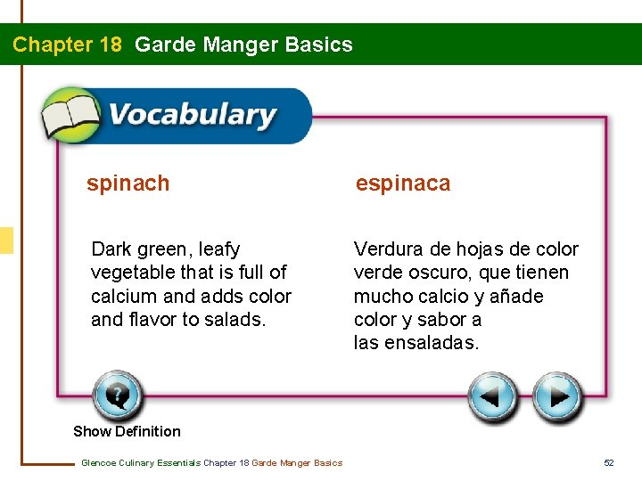 Chapter 18 Garde Manger Basics spinach espinaca Dark green, leafy vegetable that is full