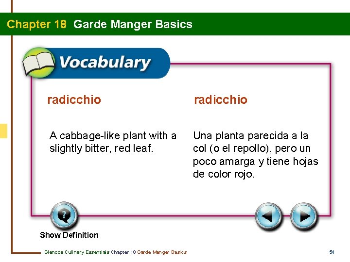 Chapter 18 Garde Manger Basics radicchio A cabbage-like plant with a slightly bitter, red