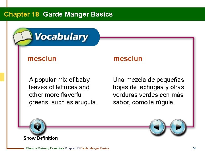 Chapter 18 Garde Manger Basics mesclun A popular mix of baby leaves of lettuces
