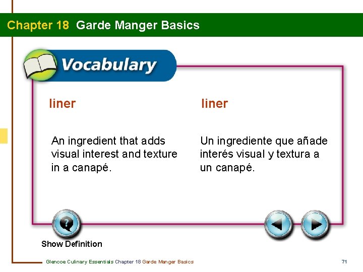Chapter 18 Garde Manger Basics liner An ingredient that adds visual interest and texture