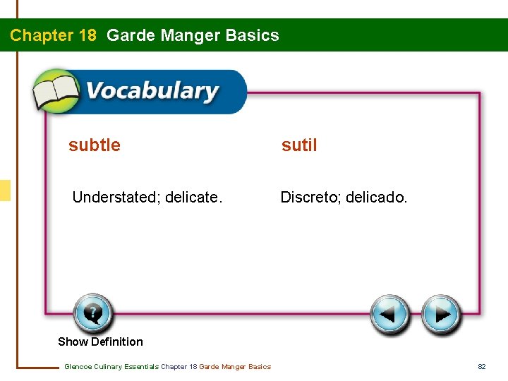 Chapter 18 Garde Manger Basics subtle sutil Understated; delicate. Discreto; delicado. Show Definition Glencoe