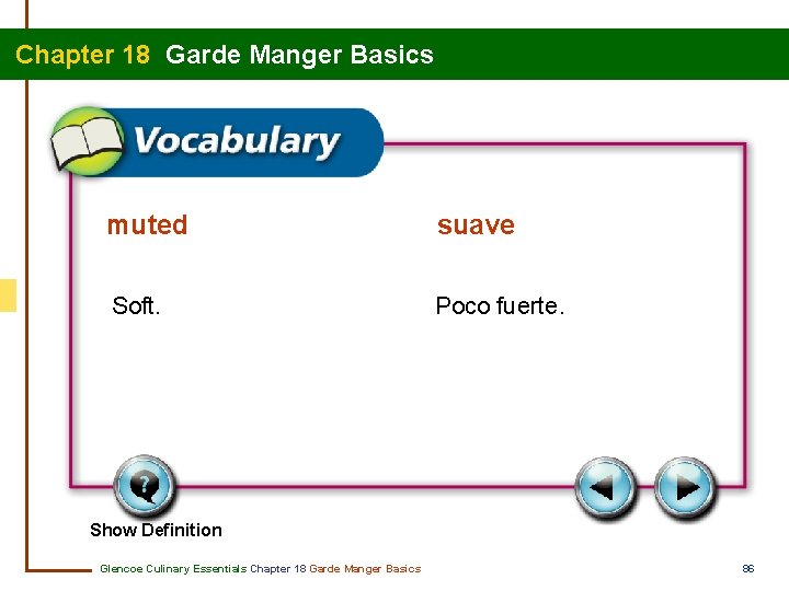 Chapter 18 Garde Manger Basics muted suave Soft. Poco fuerte. Show Definition Glencoe Culinary