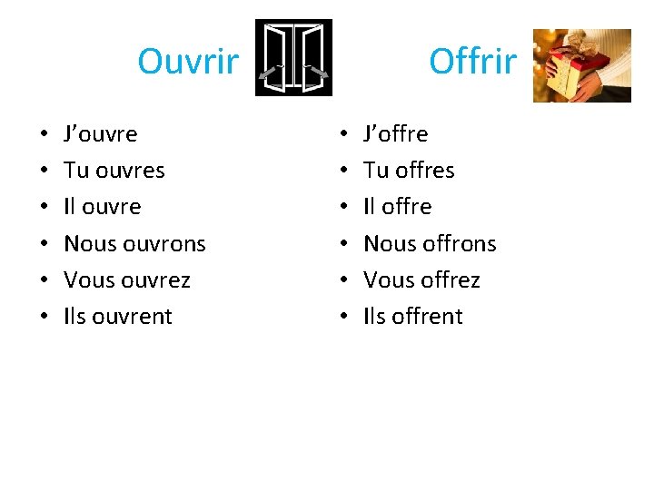 Ouvrir • • • J’ouvre Tu ouvres Il ouvre Nous ouvrons Vous ouvrez Ils