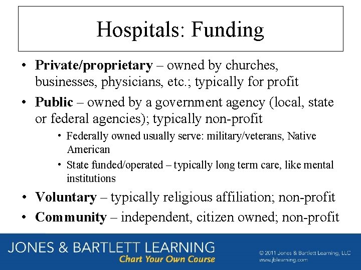 Hospitals: Funding • Private/proprietary – owned by churches, businesses, physicians, etc. ; typically for