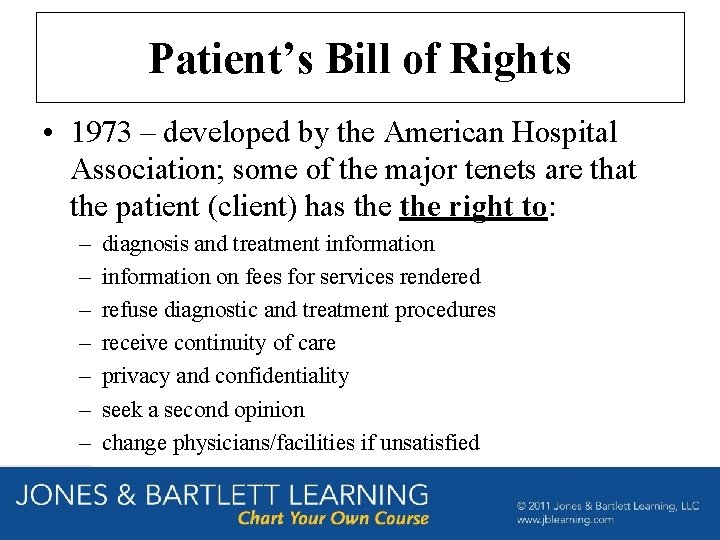 Patient’s Bill of Rights • 1973 – developed by the American Hospital Association; some