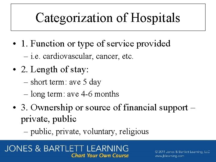 Categorization of Hospitals • 1. Function or type of service provided – i. e.