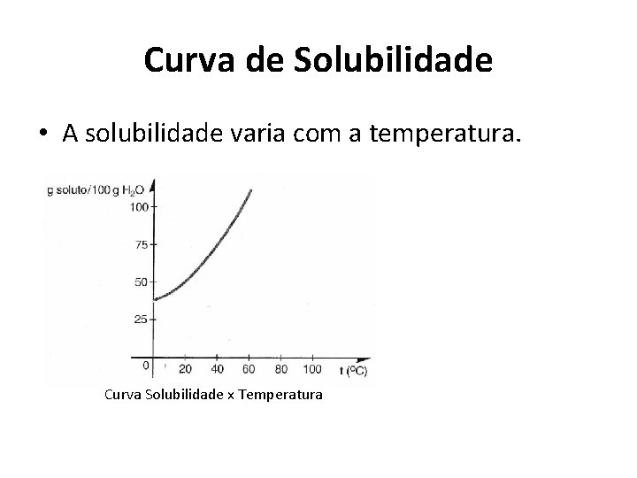 Curva de Solubilidade • A solubilidade varia com a temperatura. Curva Solubilidade x Temperatura