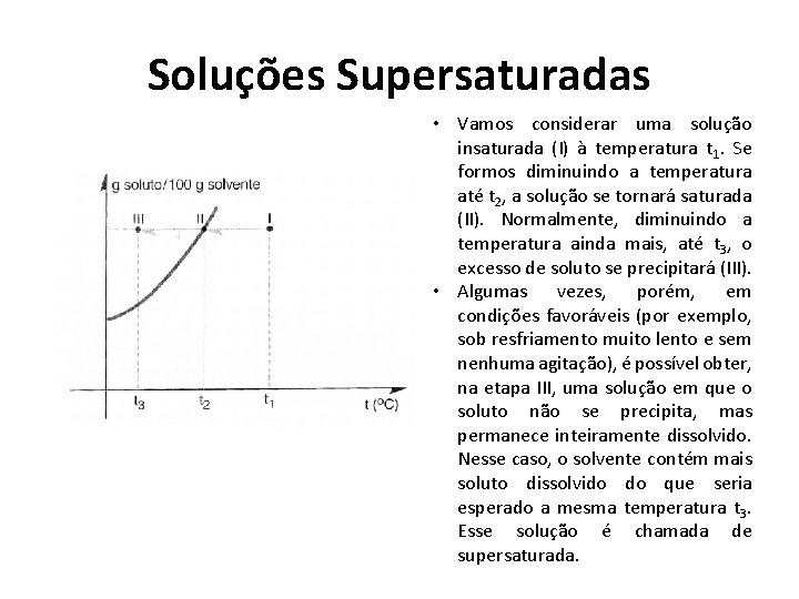 Soluções Supersaturadas • Vamos considerar uma solução insaturada (I) à temperatura t 1. Se