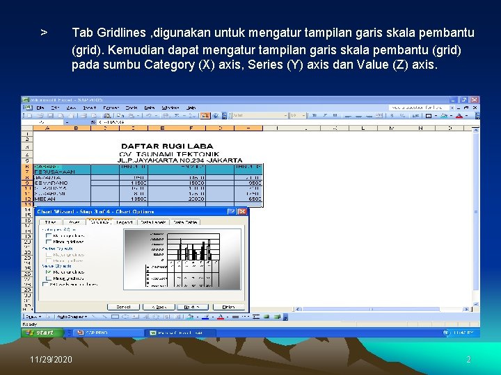 > Tab Gridlines , digunakan untuk mengatur tampilan garis skala pembantu (grid). Kemudian dapat