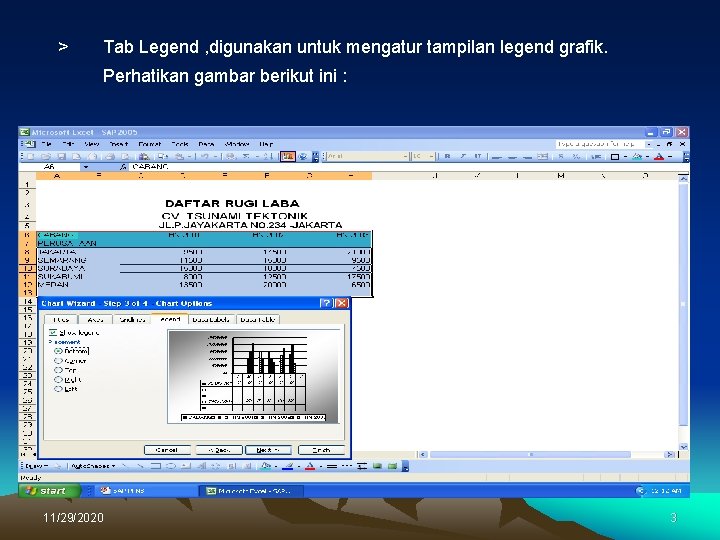 > Tab Legend , digunakan untuk mengatur tampilan legend grafik. Perhatikan gambar berikut ini