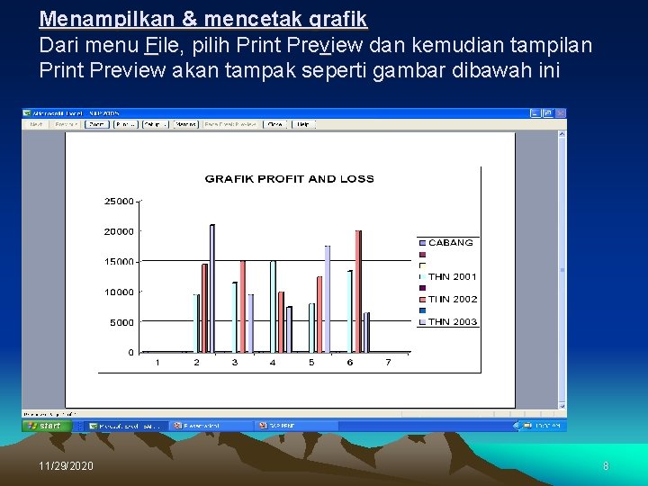 Menampilkan & mencetak grafik Dari menu File, pilih Print Preview dan kemudian tampilan Print