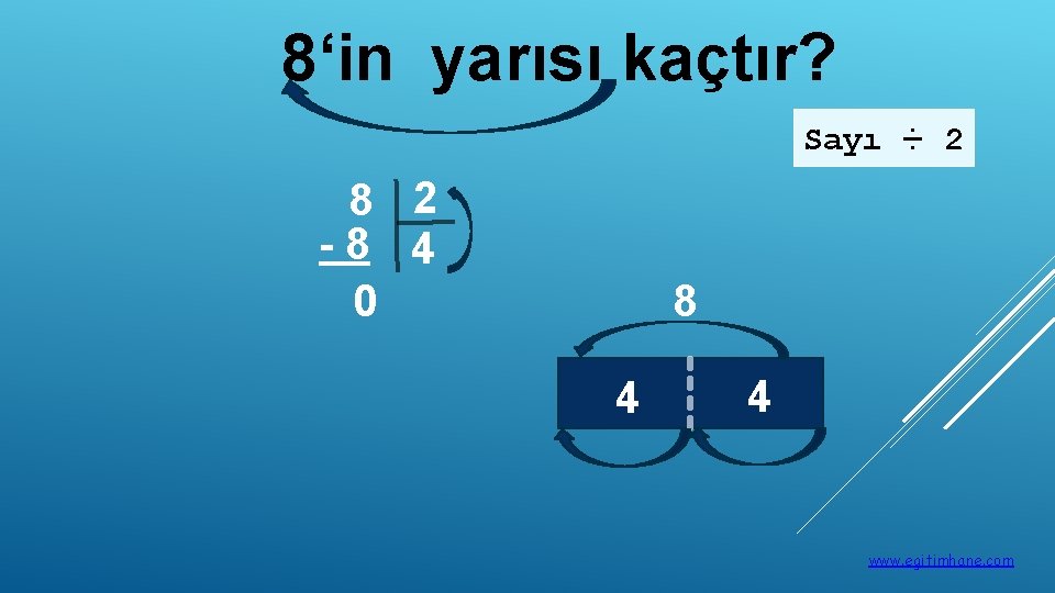 8‘in yarısı kaçtır? Sayı ÷ 2 8 2 -8 4 0 8 4 4