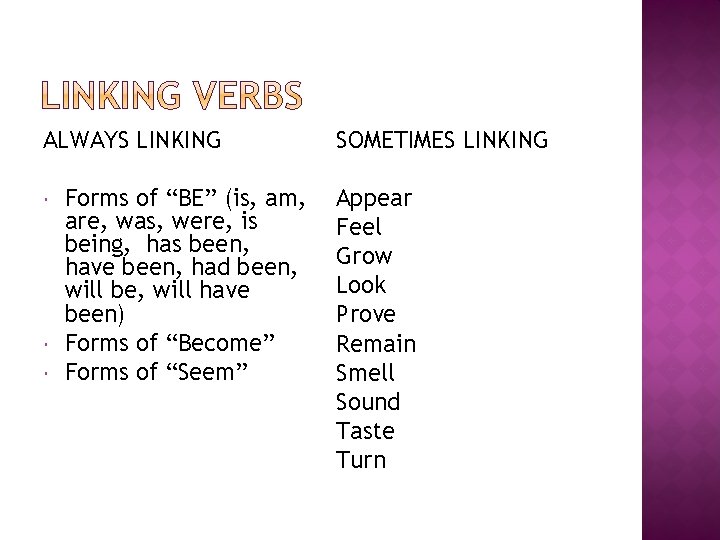 ALWAYS LINKING Forms of “BE” (is, am, are, was, were, is being, has been,