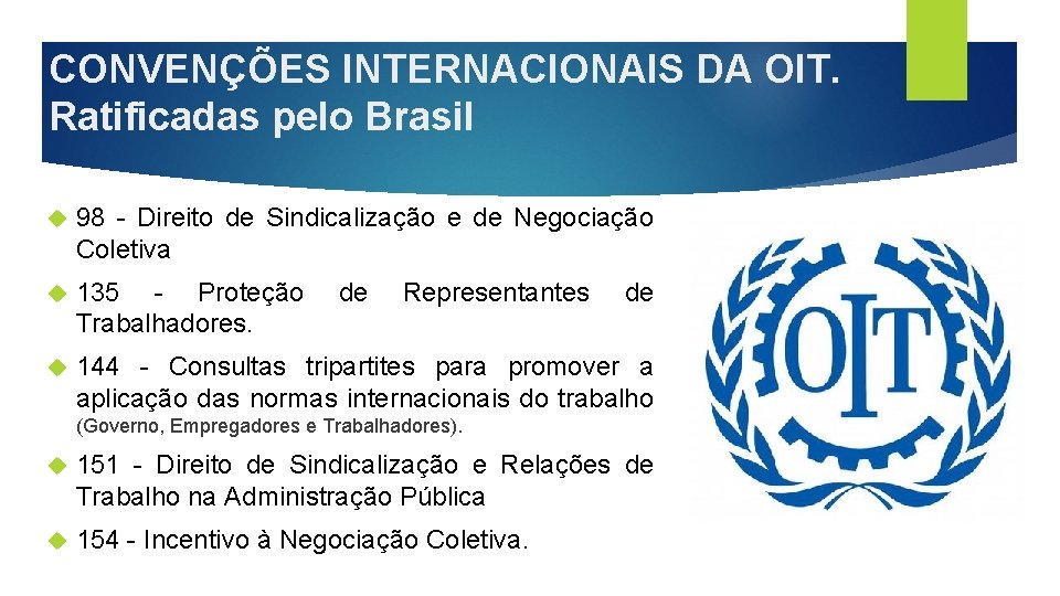 CONVENÇÕES INTERNACIONAIS DA OIT. Ratificadas pelo Brasil 98 - Direito de Sindicalização e de